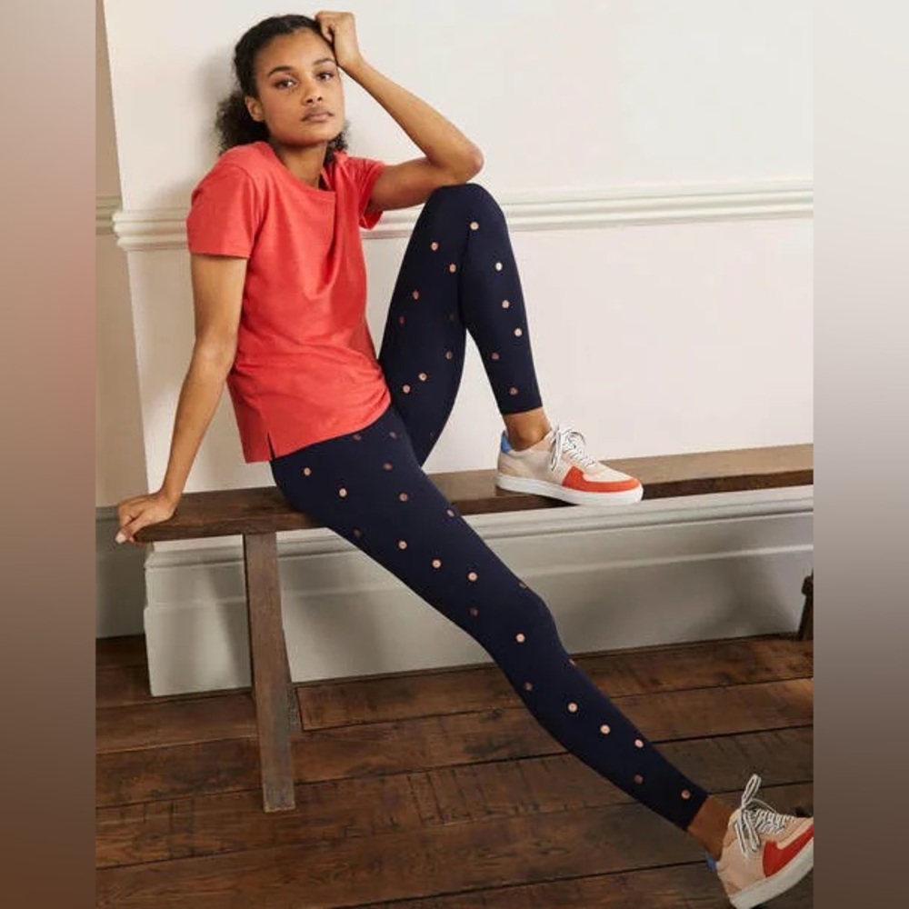 Boden High Rise Jersey Leggings Navy Gold Polka Dots